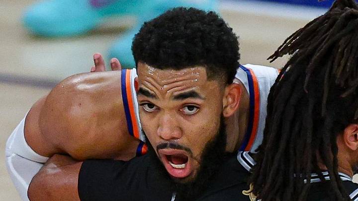 Jun 8, 2026; New York, New York, USA; San Antonio Spurs guard Stephon Castle (5) guards New York Knicks center Karl-Anthony Towns (32) during game three of the 2026 NBA Finals at Madison Square Garden. Mandatory Credit: Vincent Carchietta-Imagn Images