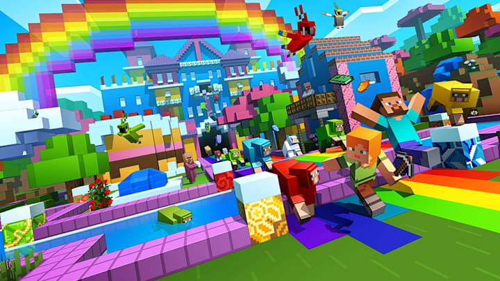 Steve and Alex running with multicoloured sheep through a rainbow town.