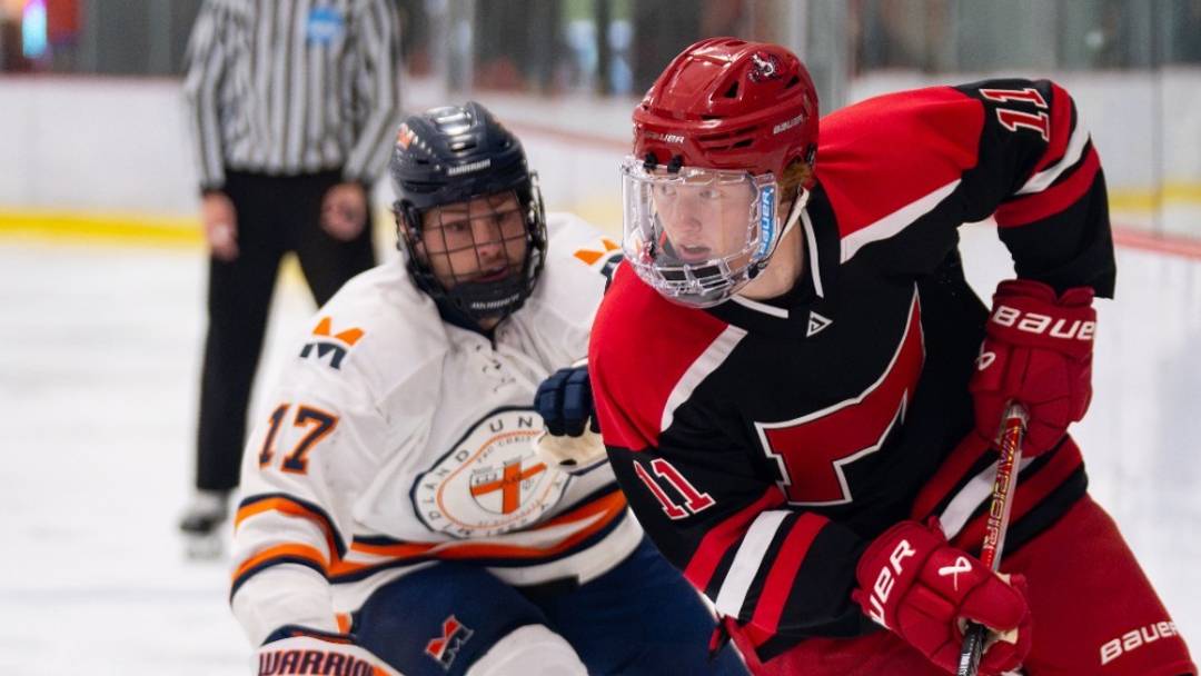 Maryville center Will Smith as the men's hockey came out on top in the Saints vs. the Saints matchup at St. Lawrence to open the 2026-27 season. Maryville center Will Smith as the men's hockey came out on top in the Saints vs. the Saints matchup at St. Lawrence to open the 2026-27 season.