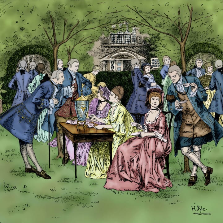 A tea party in colonial New England from Howard Pyle's Book of the American Spirit (1880)