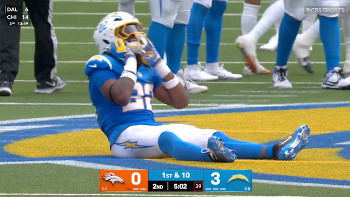 Los Angeles Chargers running back Najee Harris exited Sunday's game vs. the Broncos with a lower leg injury.