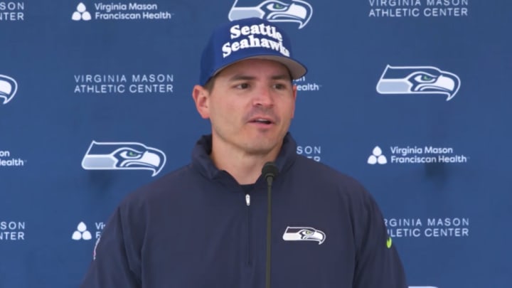 Seattle Seahawks coach Mike Macdonald speaks with reporters following the team's second open OTA practice.