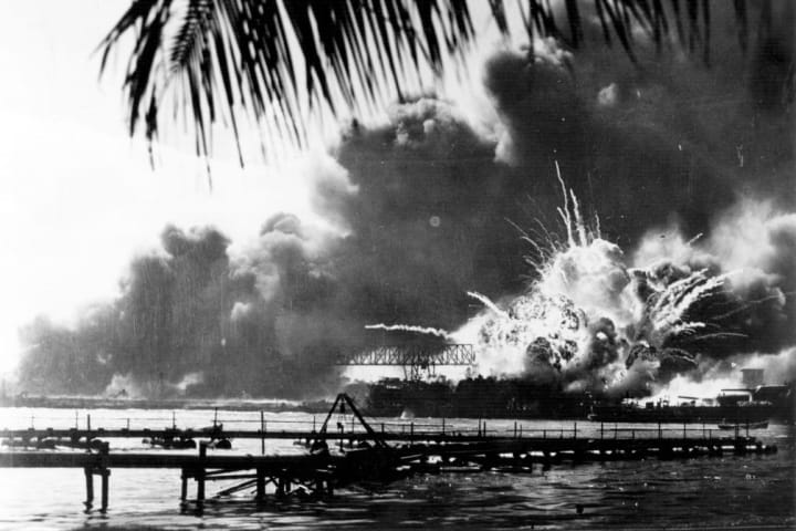 The American destroyer USS 'Shaw' explodes during the attack on Pearl Harbor.