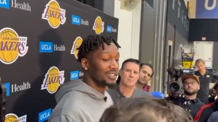 Los Angeles Lakers forward Dorian Finney-Smith meets with the media after being acquired via a trade with the Brooklyn Nets. Los Angeles Lakers forward Dorian Finney-Smith meets with the media after being acquired via a trade with the Brooklyn Nets.