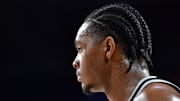 Jan 20, 2025; Cedar Park, Texas, USA; San Antonio Spurs two-way forward Harrison Ingram (55) looks on at the court during a timeout in the second half against the Rio Grande Valley Vipers at H-E-B Center.