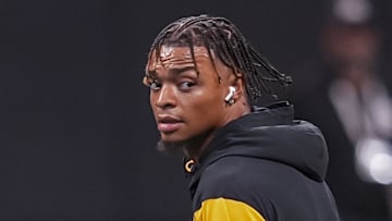 Sep 8, 2024; Atlanta, Georgia, USA; Pittsburgh Steelers quarterback Justin Fields (2) on the field prior to the game against the Atlanta Falcons at Mercedes-Benz Stadium. Mandatory Credit: Dale Zanine-Imagn Images