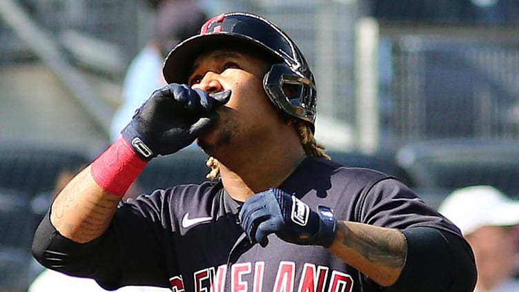 Sep 18, 2021; Bronx, New York, USA; Cleveland Indians third baseman Jose Ramirez (11) reacts after