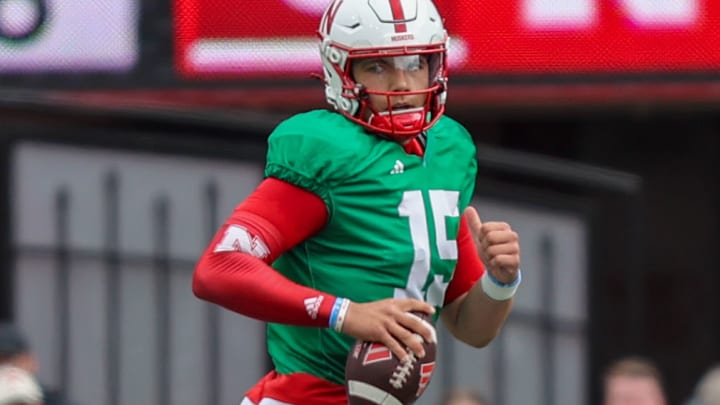 Dylan Raiola rolls out during the 2024 Nebraska football spring game.