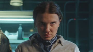 STRANGER THINGS. (L to R) David Harbour as Jim Hopper and Millie Bobby Brown as Eleven in STRANGER THINGS. 