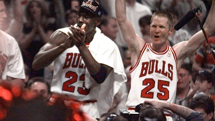 Steve Kerr was teammates with Michael Jordan for five seasons with the Bulls, winning three championships.
2020-04-13 Kerr Jordan1 Steve Kerr was teammates with Michael Jordan for five seasons with the Bulls, winning three championships.
2020-04-13 Kerr Jordan1