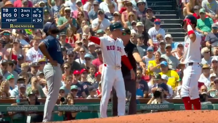 The Red Sox scored their first run on Sunday in a weird way. The Red Sox scored their first run on Sunday in a weird way.