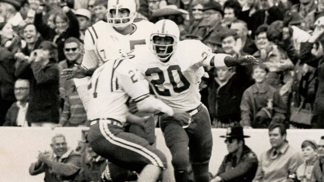 Johnny Rodgers celebrates after his iconic punt return for a touchdown against Oklahoma in 1971. | Malcolm Emmons Johnny Rodgers celebrates after his iconic punt return for a touchdown against Oklahoma in 1971. | Malcolm Emmons