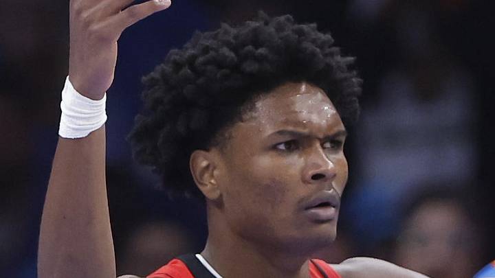 Houston Rockets guard Amen Thompson (1) reacts after a play against the Oklahoma City Thunder during the first half at Paycom Center on Oct 21, 2025.