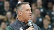 Michigan State Spartans head football coach Pat Fitzgerald introduces himself to the crowd at a men's basketball game against the Iowa Hawkeyes at the Breslin Center on Tuesday, Dec. 2, 2025.