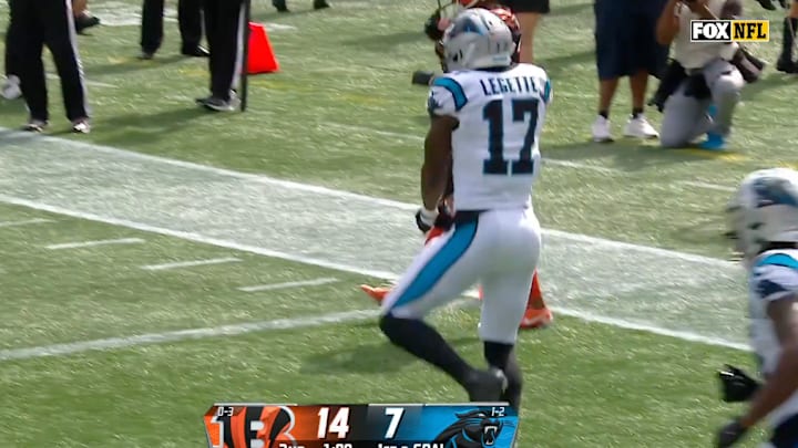 Carolina Panthers WR Xavier Legette celebrates his first career touchdown. Carolina Panthers WR Xavier Legette celebrates his first career touchdown.