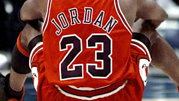 June 5, 1998; Salt Lake City, UT, USA; Chicago Bulls guard Michael Jordan in game two of the 1998 NBA Finals against the Utah Jazz at the Delta Center.  Mandatory Credit: Anne Ryan-USA TODAY