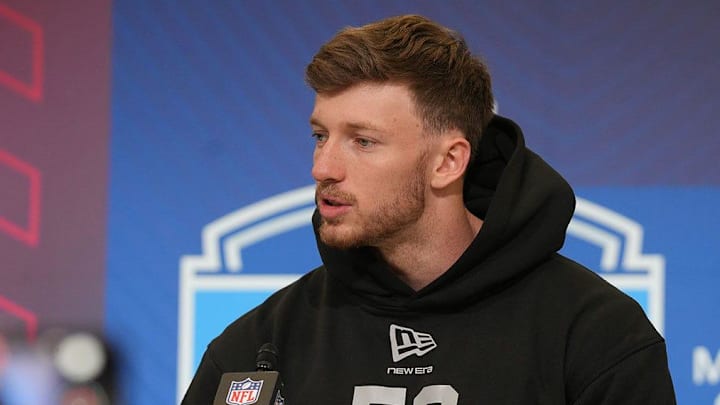 Dillon Thieneman meets with the media at the 2026 NFL Combine.