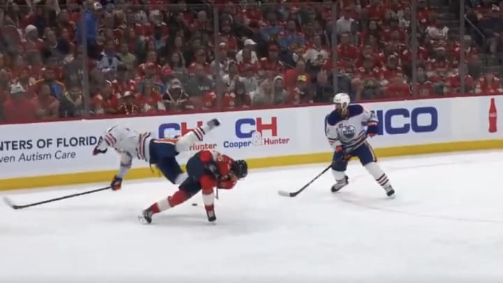 Edmonton Oilers forward Warren Foegele collides with Florida Panthers forward Eetu Luostarinen in Game 2 of the Stanley Cup Final.