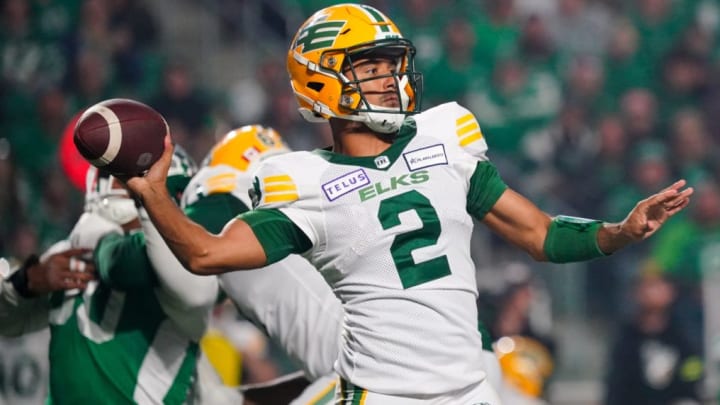 Edmonton Elks quarterback Tre Ford (2) throws against Saskatchewan Roughriders during the first half of CFL football action in Regina, on Friday, September 15, 2023. (Heywood Yu/CP)