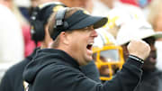 Missouri Tigers coach Eli Drinkwitz reacts during the first quarter against the Oklahoma Sooners at Gaylord Family-Oklahoma Memorial Stadium in Norman, Okla.