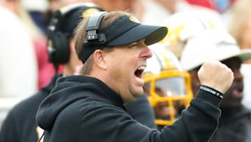 Missouri Tigers coach Eli Drinkwitz reacts during the first quarter against the Oklahoma Sooners at Gaylord Family-Oklahoma Memorial Stadium in Norman, Okla.