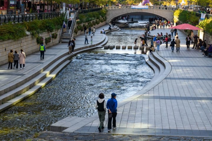 People visit Cheonggyecheon in central Seoul.
