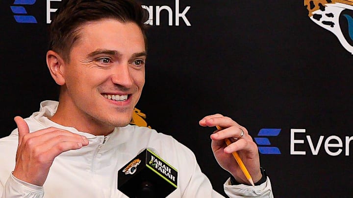 Jacksonville Jaguars General Manager James Gladstone talks about the process of making a list of who they want to draft and how that changes if another team picks their pick during the Jaguars’ annual pre-draft luncheon press conference in the media room at the Miller Electric Center Thursday April 9, 2026 in Jacksonville Fla. [Doug Engle/Florida Times-Union]