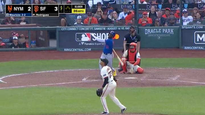 Mets third baseman Ronny Mauricio tied up Sunday night's game with a home run that landed in McCovey Cove. Mets third baseman Ronny Mauricio tied up Sunday night's game with a home run that landed in McCovey Cove.