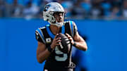 Nov 9, 2025; Charlotte, North Carolina, USA; Carolina Panthers quarterback Bryce Young (9) looks to pass during the third quarter against the New Orleans Saints at Bank of America Stadium.