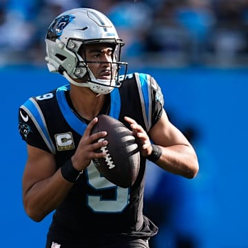 Nov 9, 2025; Charlotte, North Carolina, USA; Carolina Panthers quarterback Bryce Young (9) looks to pass during the third quarter against the New Orleans Saints at Bank of America Stadium.