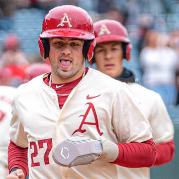 Arkansas Razorbacks catcher Ryder Helfrick against the Missouri Tigers at Baum-Walker Stadium in Fayetteville, Ark.