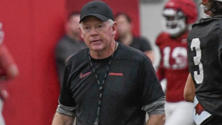 Arkansas Razorbacks offensive coordinator Bobby Petrino at a fall camp practice at the indoor field in Fayetteville, Ark.