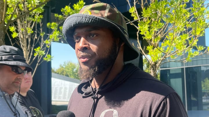 A'lique Terry speaking with the media after the eighth fall camp practice. / Olivia Cleary/Oregon Ducks on SI