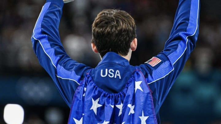 Stephen Nedoroscik celebrates after winning the bronze medal in the men's Pommel Horse final at the 2024 Paris Olympics on Saturday. 