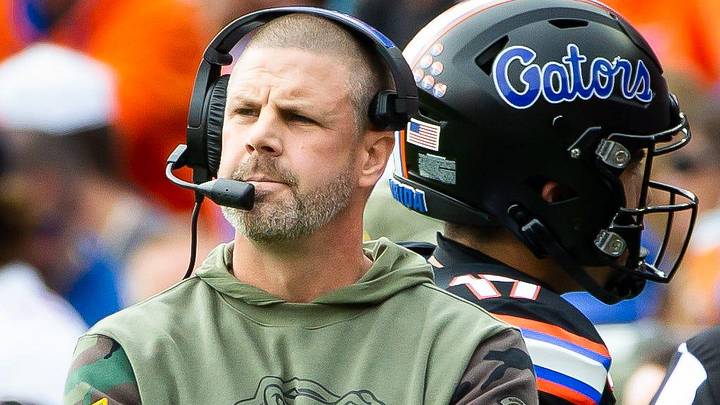 Florida Gators head coach Billy Napier reacts to a 14-0 behind Arkansas in the first half at Steve
