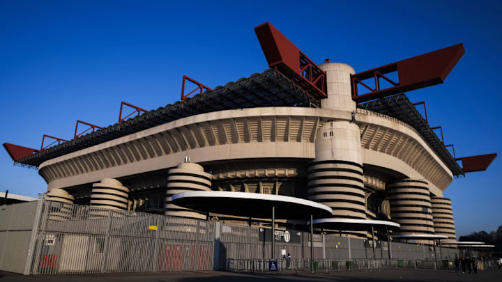 A general view outside Giuseppe Meazza stadium (also known...