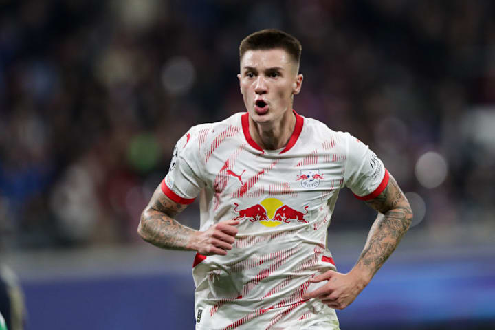 Benjamin Sesko of RB Leipzig celebrates after scoring a goal