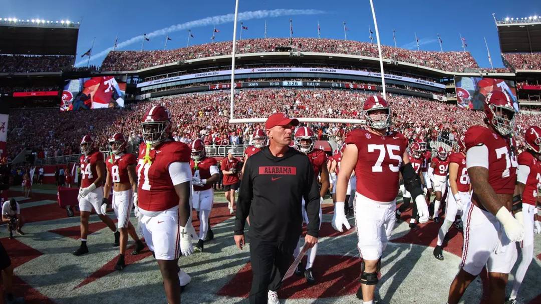 The University of Alabama football team walks out before the game against Oklahoma at Bryant-Denny Stadium in Tuscaloosa, AL on Saturday, Nov 15, 2025.