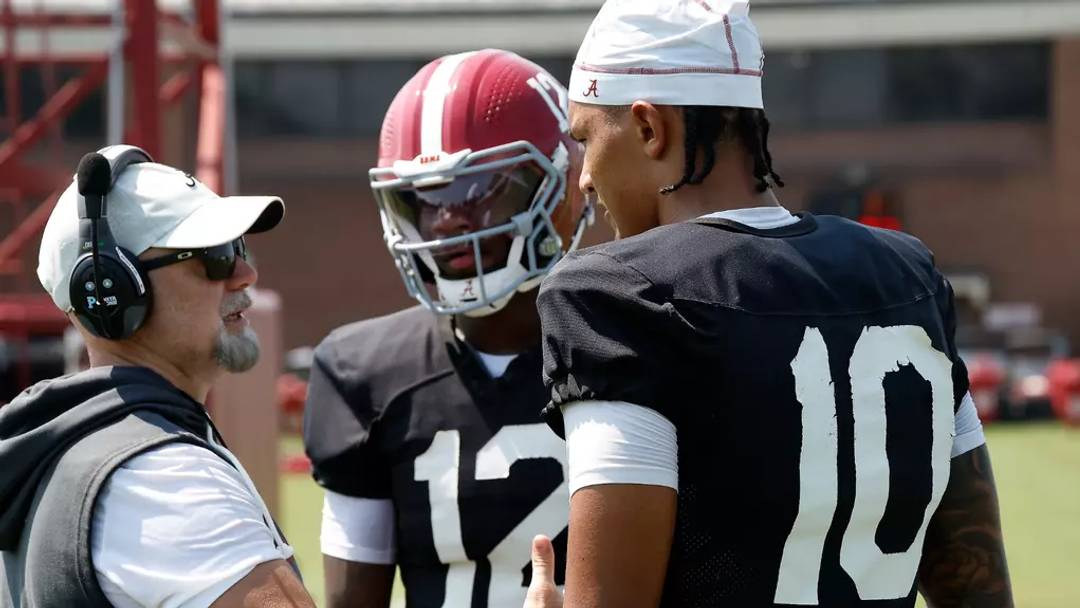 8/6/26 MFB Fall Practice 2 Alabama Football Offensive Coordinator Ryan Grubb Alabama Quarterback Keelon Russell (12) Alabama Quarterback Austin Mack (10) 8/6/26 MFB Fall Practice 2 Alabama Football Offensive Coordinator Ryan Grubb Alabama Quarterback Keelon Russell (12) Alabama Quarterback Austin Mack (10)