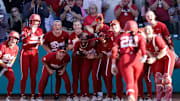 Alabama Softball Player Kali Heivilin (22) celebrates a homerun with her teammates against Oklahoma at Rhoads Stadium in Tuscaloosa, AL on Sunday, Apr 13, 2025.