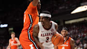 Alabama guard Latrell Wrightsell Jr. (3) looks to pass the ball against Illinois at Legacy Arena at BJCC in Birmingham, AL on Wednesday, Nov 20, 2024.