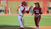 Alabama Softball Player Audrey Vandagriff (12) celebrates after play during the game against Oklahoma at Rhoads Stadium in Tuscaloosa, AL on Monday, Apr 14, 2025.