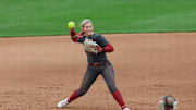 Alabama Softball Player Kennedy Marceaux (1) throws to first against Drake at Rhoads Stadium in Tuscaloosa, AL on Saturday, Feb 22, 2025.