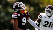 Mississippi State Wide Receiver Ricky Johnson (#9) during the 2025 Spring Game at Davis Wade Stadium at Scott Field in Starkville, MS.