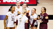 Mississippi State Middle Blocker Gha'Naye Whitfield-Moss (#22), Mississippi State Outside Hitter Bernardita Aguilar (#1), Mississippi State Outside Hitter Lindsey Mangelson (#3), Mississippi State Setter Cayley Hanson (#24), Mississippi State Defensive Specialist Mary Neal (#8) and Mississippi State Defensive Specialist McKenna Yates (#4) during the Showdown At The Net match between the Duke Blue Devils and the Mississippi State Bulldogs at the Newell-Grissom Building in Starkville, MS.