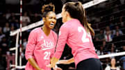 Mississippi State Middle Blocker Gha'Naye Whitfield-Moss (#22) during the match between the Kentucky Wildcats and the Mississippi State Bulldogs at the Newell-Grissom Building in Starkville, MS.