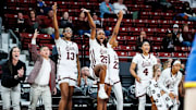 Mississippi State Center Rocío Jiménez (#13) and Mississippi State Forward Favour Nwaedozi (#25) during the ACC/SEC Challenge game between the Pittsburgh Panthers and the Mississippi State Bulldogs at Humphrey Coliseum in Starkville, MS.