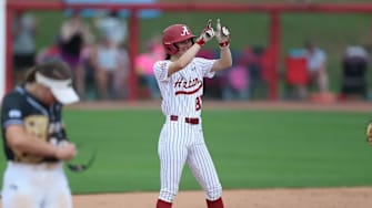 Alabama Softball Player Lauren Johnson (88) celebrates against Mizzou at Rhoads Stadium in Tuscaloosa, AL on Sunday, Apr 27, 2025