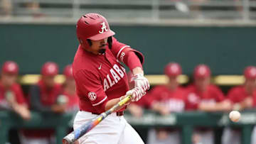 Alabama third baseman, Jason Torres hits a three-run homer in the first to give the Crimson Tide a 3-1 lead agaisnt the Oklahoma Sooners. Mandatory Credit: Crimson Tide Photos-UA Athletics