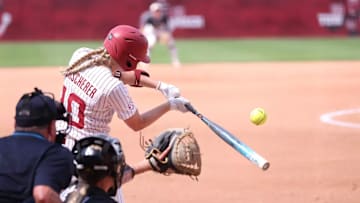 Alabama Softball Player Abby Duchscherer (10) hits the ball against Mizzou at Rhoads Stadium in Tuscaloosa, AL on Sunday, Apr 27, 2025